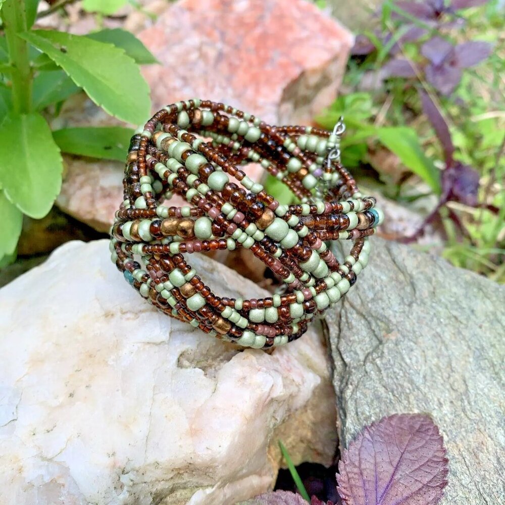 Vintage Green/Brown Seed Beaded Boho 2" Wide Cuff Cross Over Bracelet